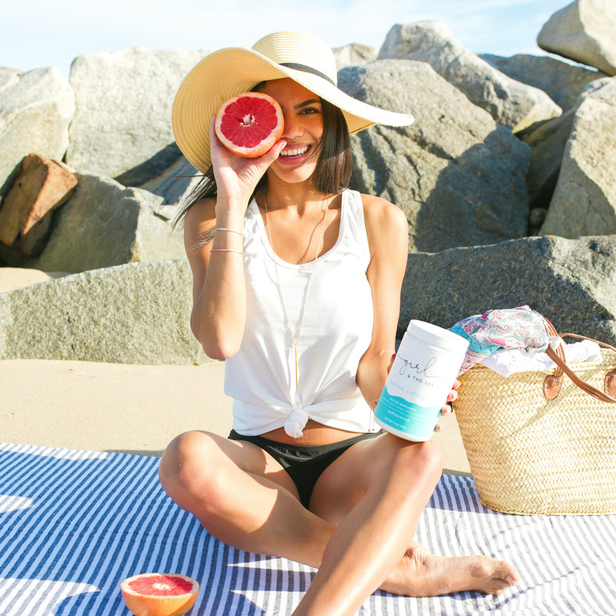 Girl on the beach with Girl & The Sea marine collagen